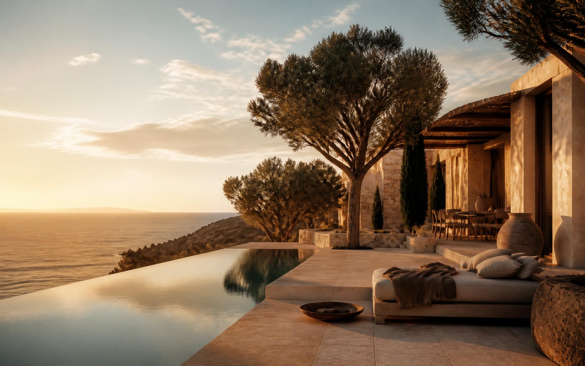 Luxury villa with infinity pool overlooking the sea at golden hour